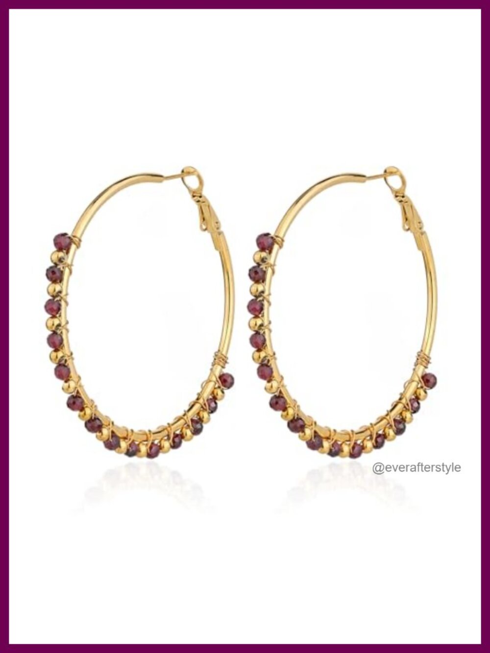 Large Hoop Earrings 18K Gold Plated Red Garnet Beaded Stainless Steel Handmade